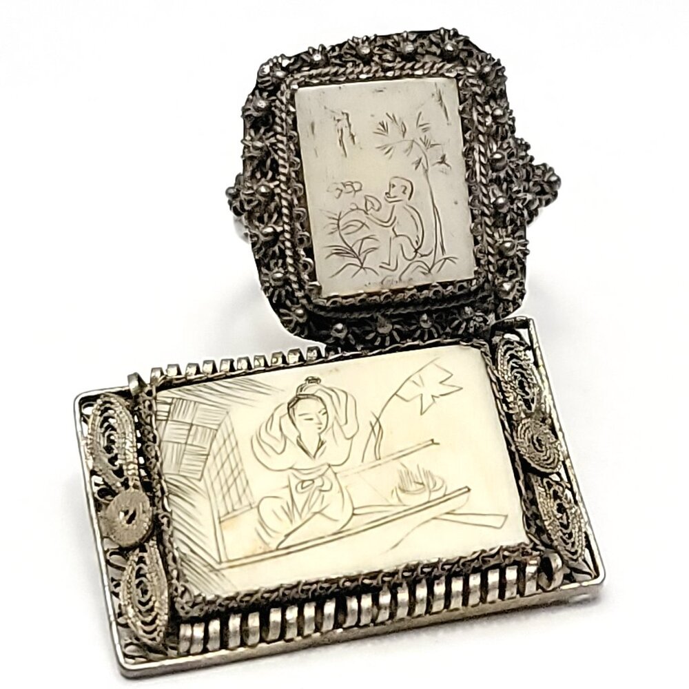 Antique Chinese Scrimshaw Brooch and Ring